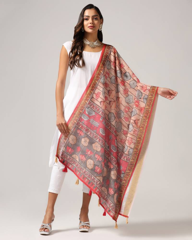 Kalamkari Print Lilen Zari Patta Dupatta Collection