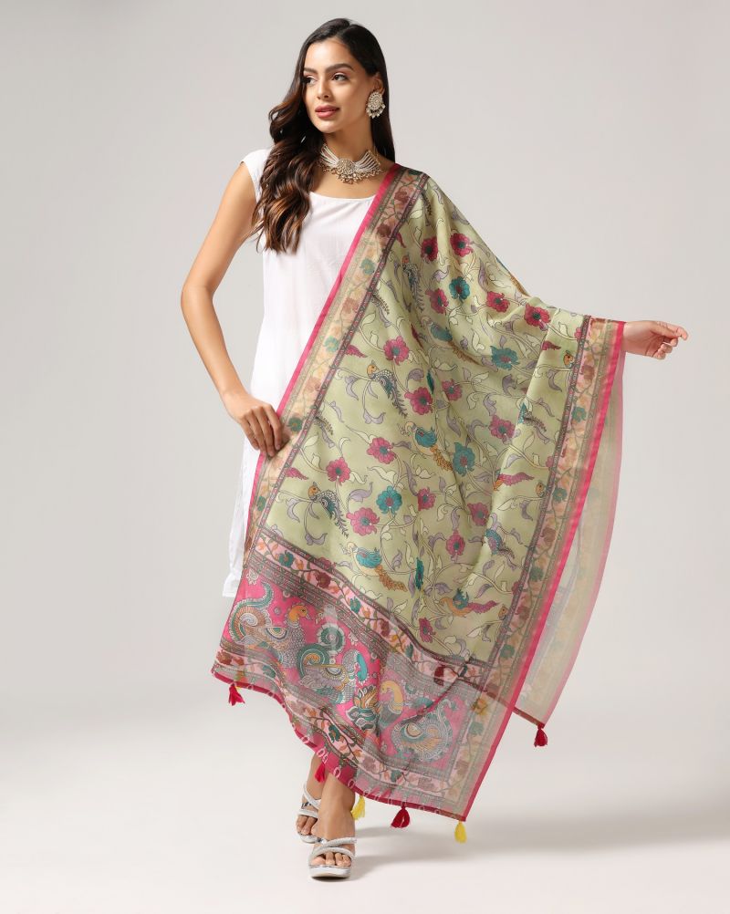 Kalamkari Print Lilen Zari Patta Dupatta Collection