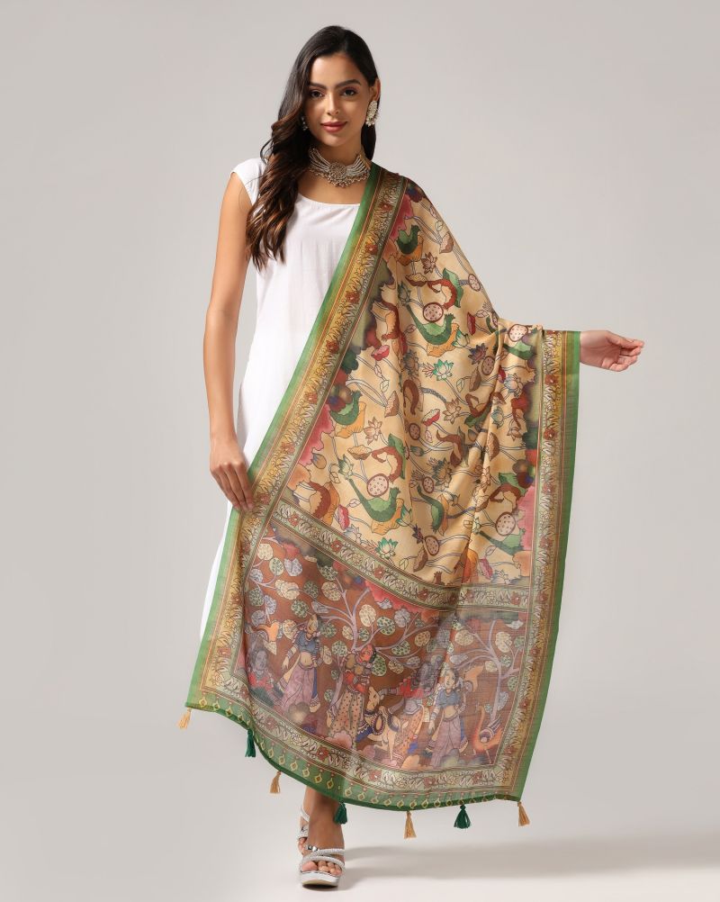 Kalamkari Print Lilen Zari Patta Dupatta Collection