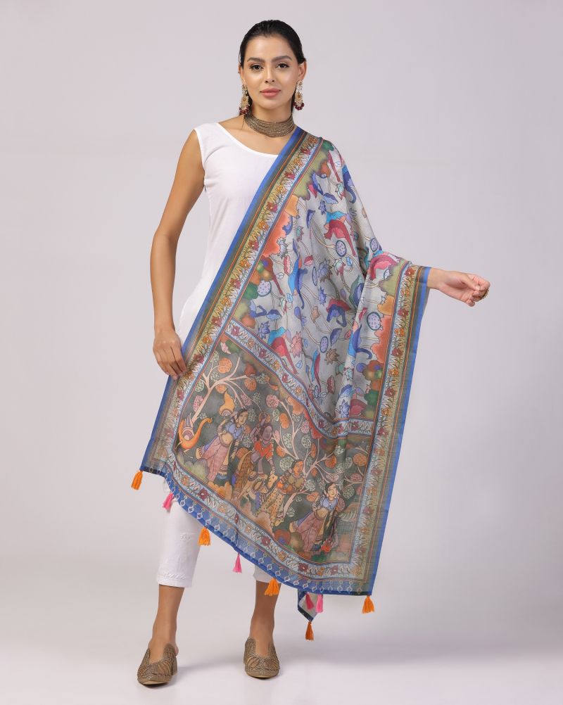 Kalamkari Print Lilen Zari Patta Dupatta Collection