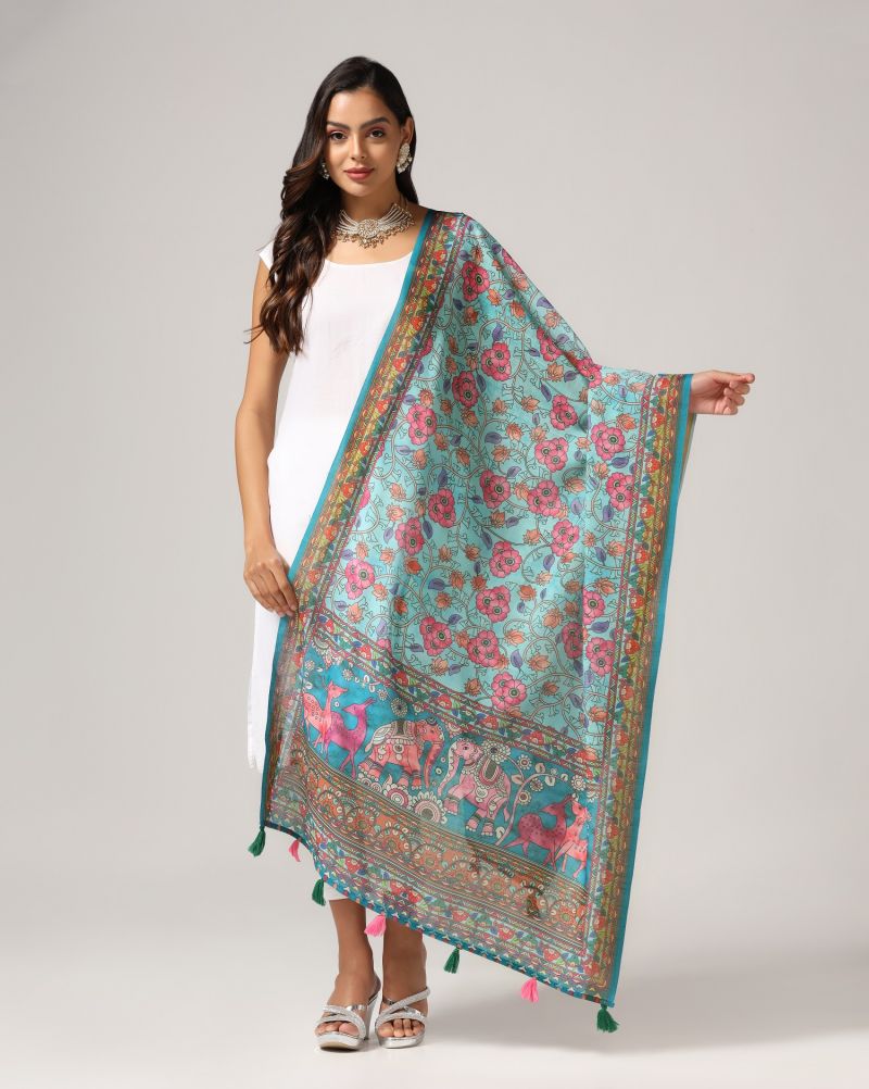 Kalamkari Print Lilen Zari Patta Dupatta Collection