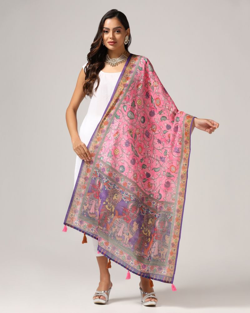 Kalamkari Print Lilen Zari Patta Dupatta Collection