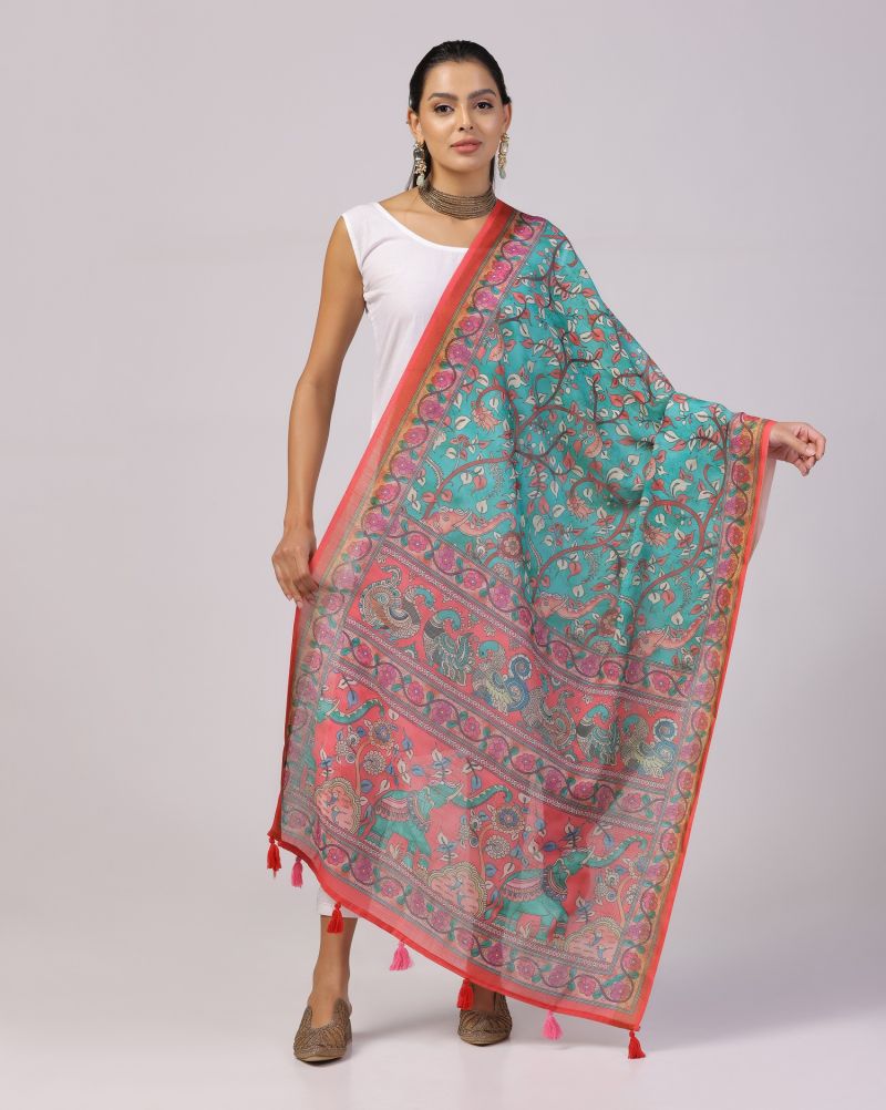 Kalamkari Print Lilen Zari Patta Dupatta Collection