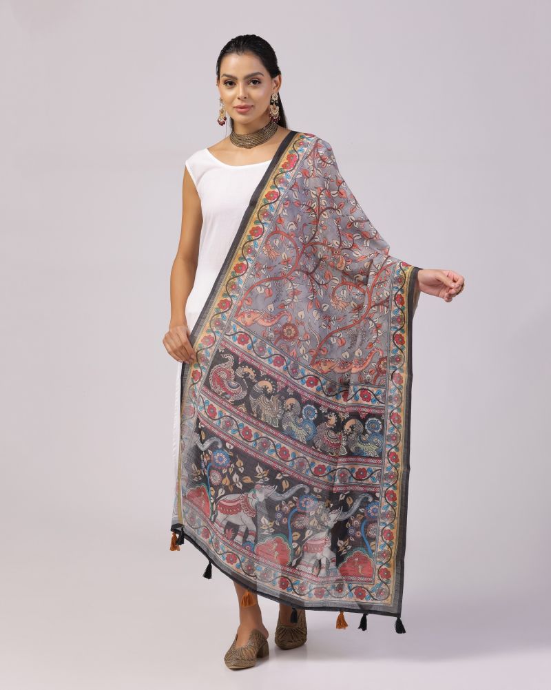 Kalamkari Print Lilen Zari Patta Dupatta Collection