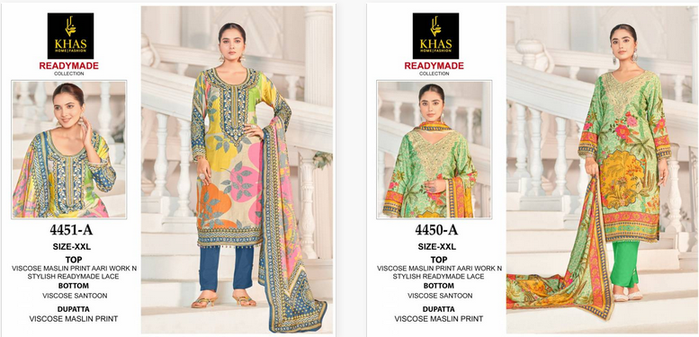 Khas 4450 And 4451 Viscose Maslin Ready Made Pakistani Suits