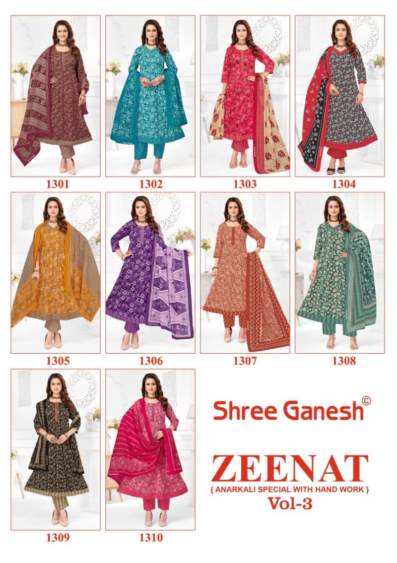 Shree Ganesh Zeenat Vol 3 Readymade Cotton Anarkali Style Kurti Set