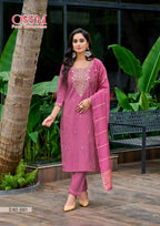 Ossm Mishu Vol 3 Roman Simmer Embroidery Kurti Pant And Dupatta