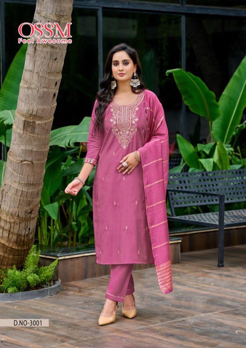 Ossm Mishu Vol 3 Roman Simmer Embroidery Kurti Pant And Dupatta