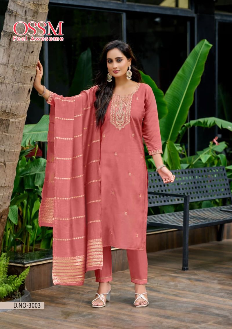 Ossm Mishu Vol 3 Roman Simmer Embroidery Kurti Pant And Dupatta