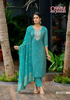 Ossm Mishu Vol 3 Roman Simmer Embroidery Kurti Pant And Dupatta