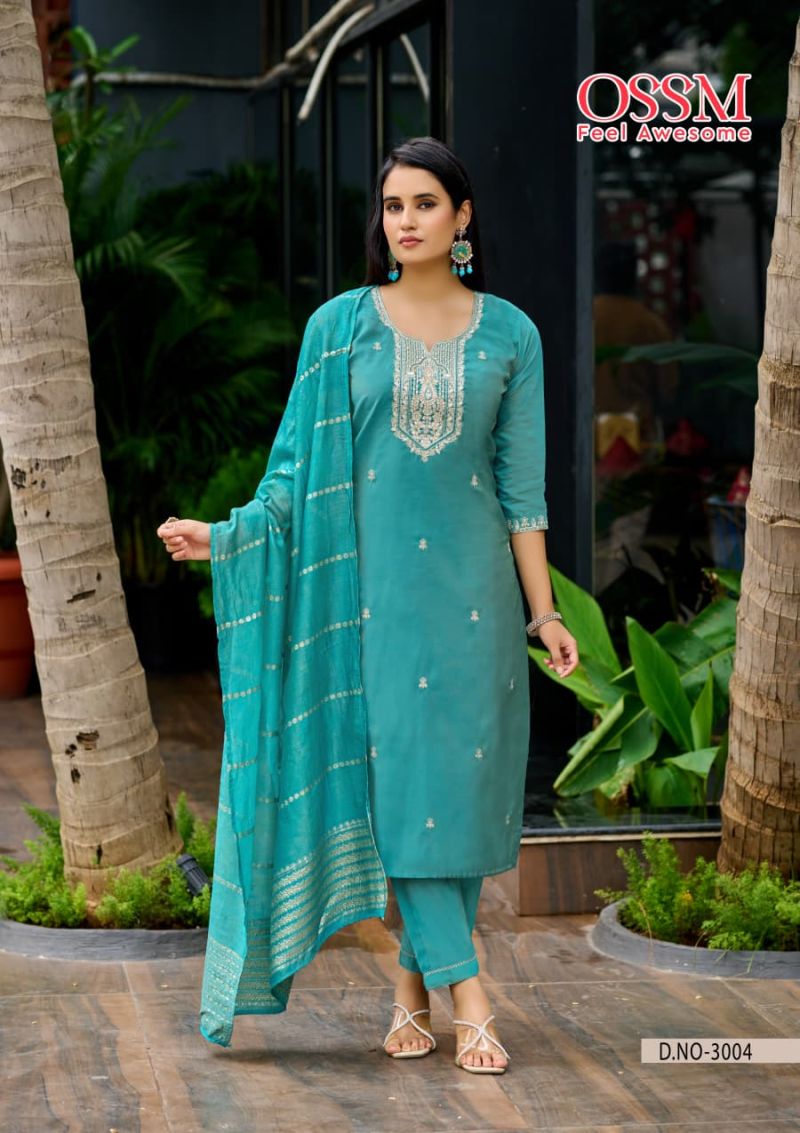 Ossm Mishu Vol 3 Roman Simmer Embroidery Kurti Pant And Dupatta