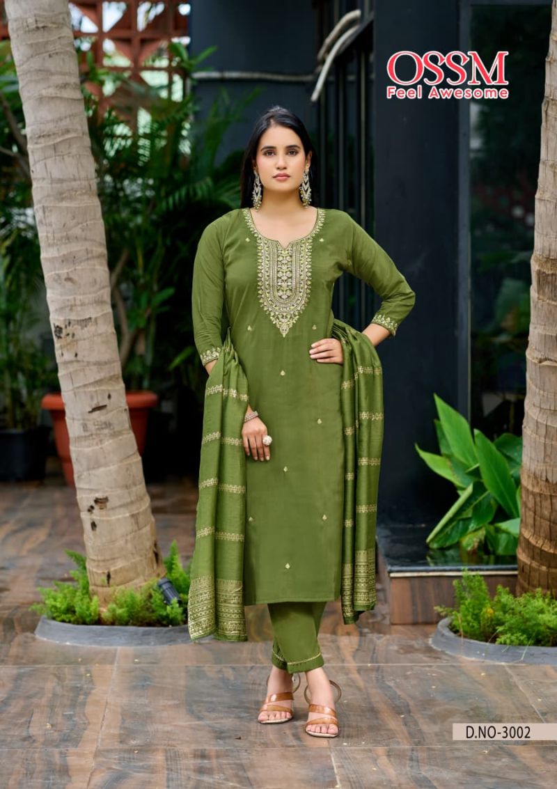 Ossm Mishu Vol 3 Roman Simmer Embroidery Kurti Pant And Dupatta