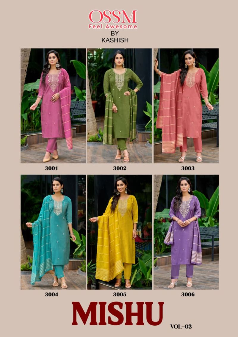 Ossm Mishu Vol 3 Roman Simmer Embroidery Kurti Pant And Dupatta