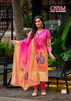 Ossm Sajni Silk Jacquard Printed Kurti Pant And Dupatta Collection