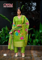 Ossm Sajni Silk Jacquard Printed Kurti Pant And Dupatta Collection