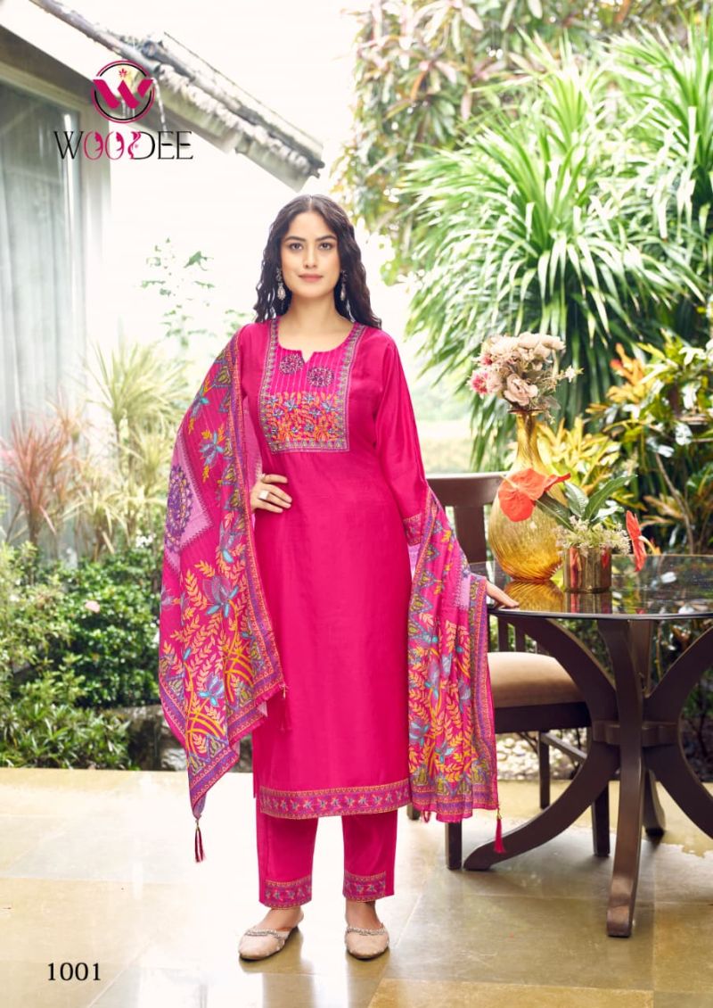 Woodee Banzara Viscose Vatican Thread Work Kurti Pant And Dupatta