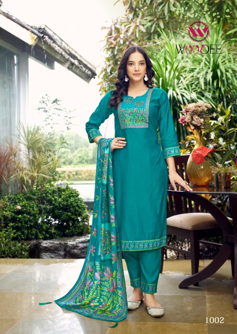 Woodee Banzara Viscose Vatican Thread Work Kurti Pant And Dupatta