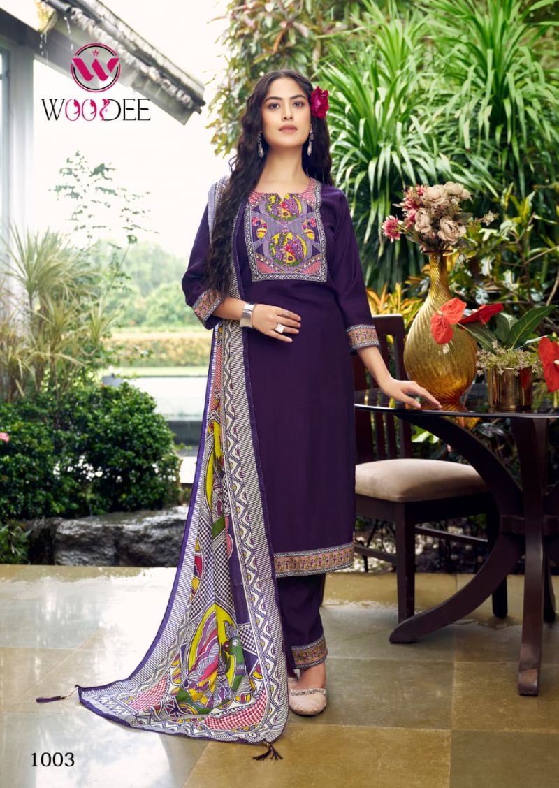 Woodee Banzara Viscose Vatican Thread Work Kurti Pant And Dupatta