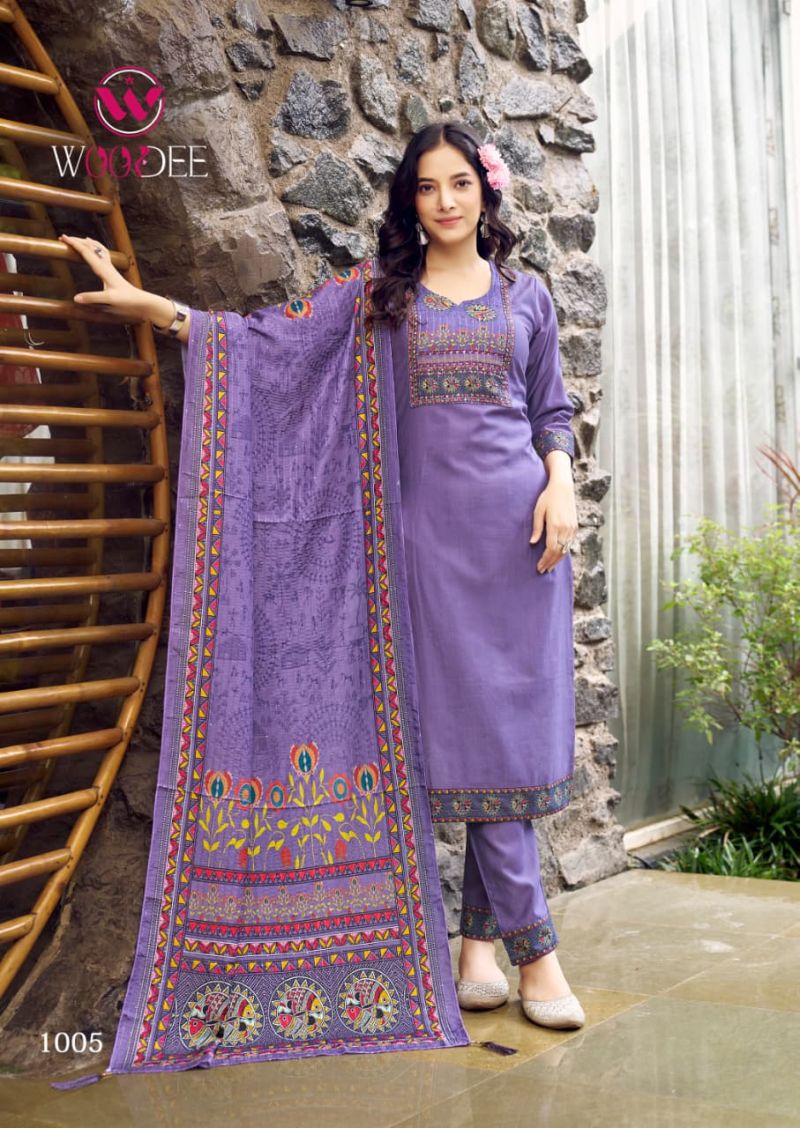 Woodee Banzara Viscose Vatican Thread Work Kurti Pant And Dupatta