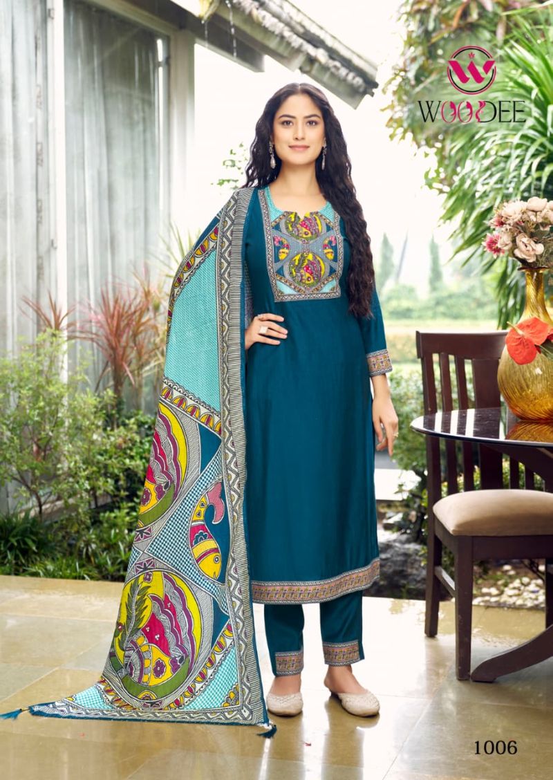 Woodee Banzara Viscose Vatican Thread Work Kurti Pant And Dupatta