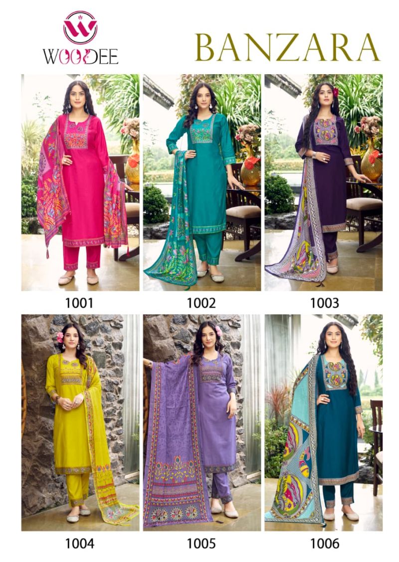 Woodee Banzara Viscose Vatican Thread Work Kurti Pant And Dupatta