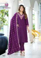 Woodee Mahima Viscose Gadhawal Thread Work Kurti Pant And Dupatta