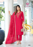 Woodee Mahima Viscose Gadhawal Thread Work Kurti Pant And Dupatta