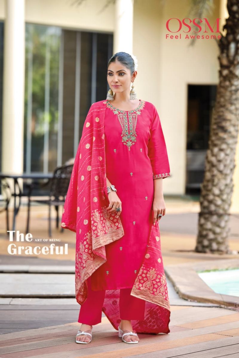 Ossm Heer Roman Silk Embroidery Work Kurti Pant And Dupatta Collection