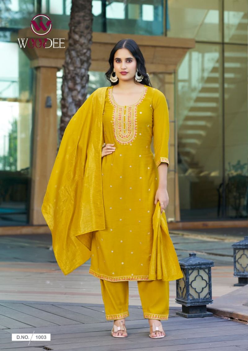 Woodee Hansika Viscose Vatican Threadwork Kurti Pant And Dupatta