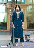 Woodee Hansika Viscose Vatican Threadwork Kurti Pant And Dupatta