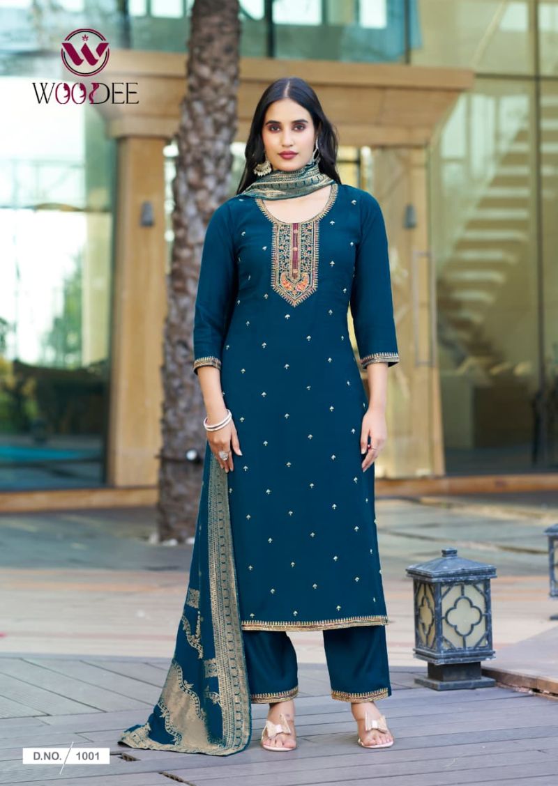 Woodee Hansika Viscose Vatican Threadwork Kurti Pant And Dupatta