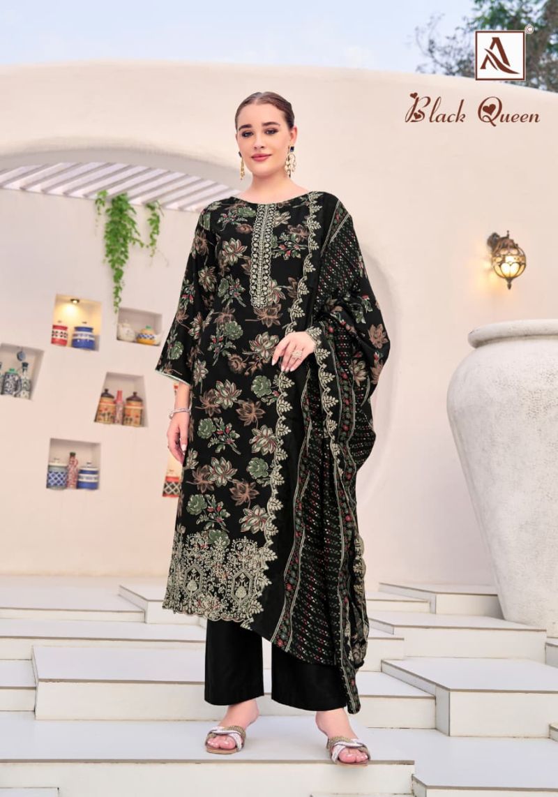 Alok Black Queen Rayon Printed Embroidery Dress Material