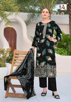 Alok Black Queen Rayon Printed Embroidery Dress Material