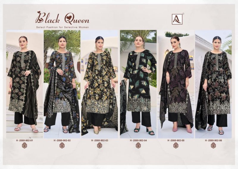Alok Black Queen Rayon Printed Embroidery Dress Material