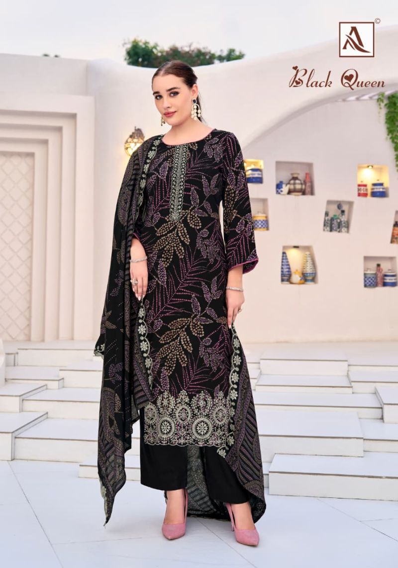 Alok Black Queen Rayon Printed Embroidery Dress Material
