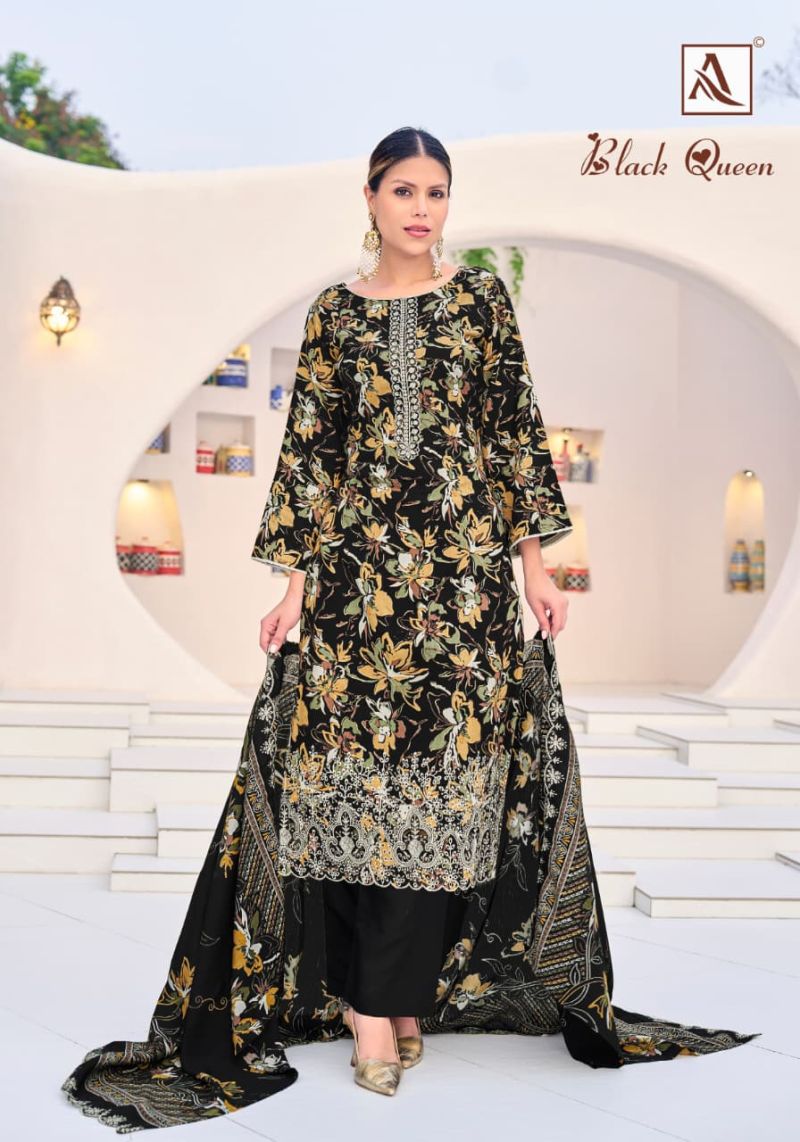 Alok Black Queen Rayon Printed Embroidery Dress Material