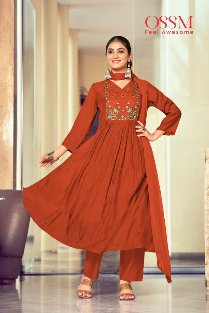 Ossm Gulmohar Mal Chanderi Embroidery Kurti Pant And Dupatta