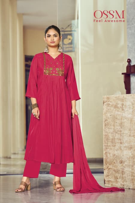 Ossm Gulmohar Mal Chanderi Embroidery Kurti Pant And Dupatta