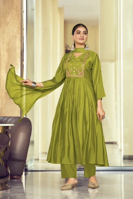Ossm Gulmohar Mal Chanderi Embroidery Kurti Pant And Dupatta