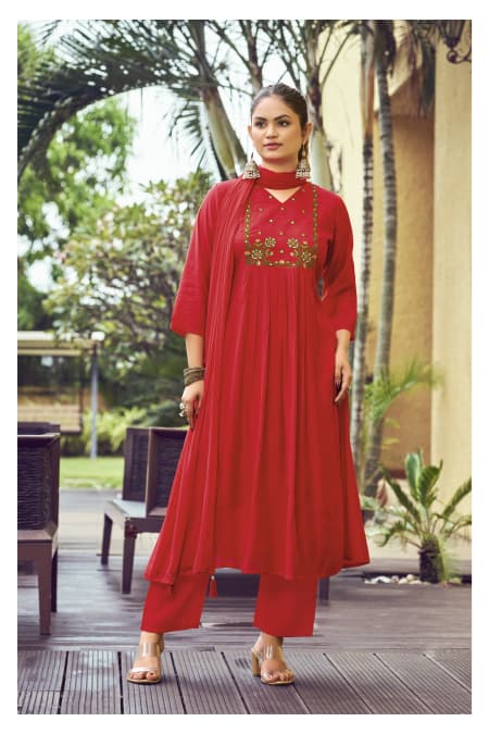 Ossm Gulmohar Mal Chanderi Embroidery Kurti Pant And Dupatta