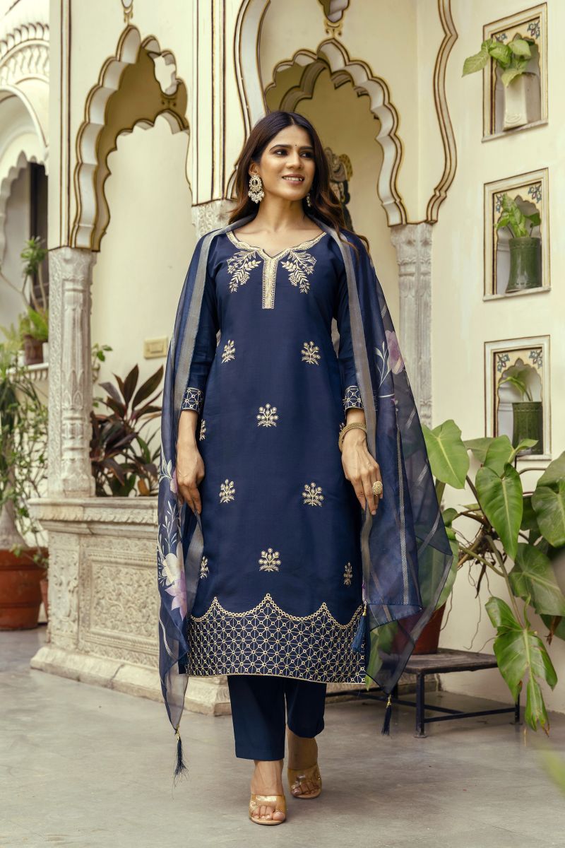 Hr 31 Viscose Chanderi Embroidered Work Kurti Pant And Dupatta