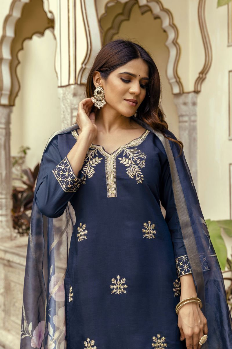 Hr 31 Viscose Chanderi Embroidered Work Kurti Pant And Dupatta