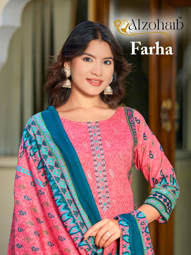 Alzohaib Farha Chiffon Dupatta Cotton Print Work Pakistani Salwar Kameez