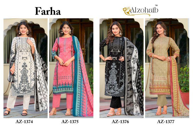 Alzohaib Farha Chiffon Dupatta Cotton Print Work Pakistani Salwar Kameez