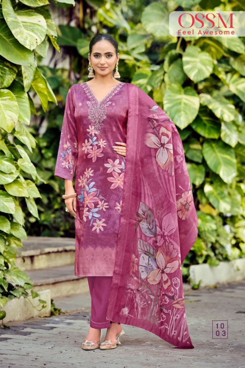 Ossm Gulabo Jacqurd Simmer Silk Embroidery Kurti Pant And Dupatta