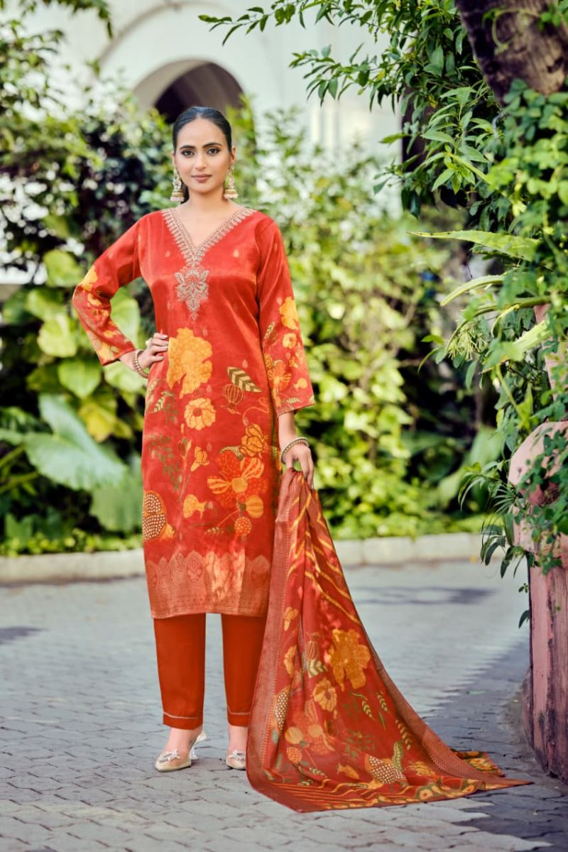Ossm Gulabo Jacqurd Simmer Silk Embroidery Kurti Pant And Dupatta