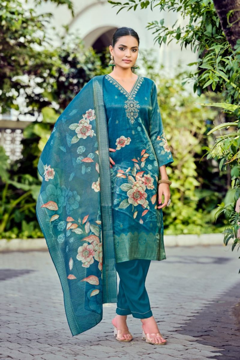 Ossm Gulabo Jacqurd Simmer Silk Embroidery Kurti Pant And Dupatta