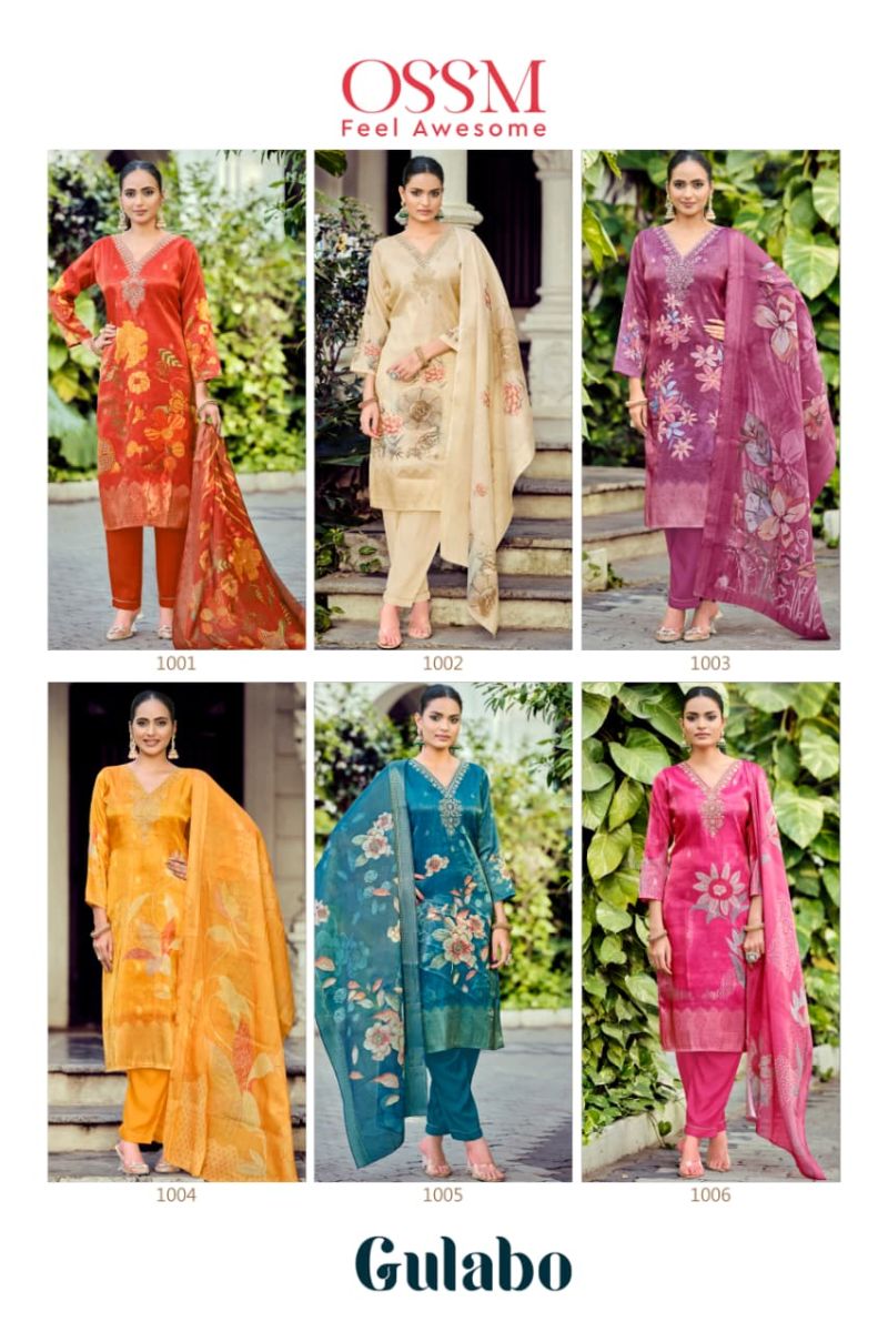 Ossm Gulabo Jacqurd Simmer Silk Embroidery Kurti Pant And Dupatta