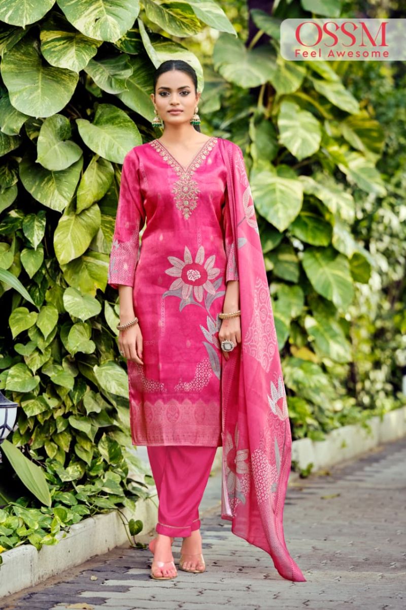 Ossm Gulabo Jacqurd Simmer Silk Embroidery Kurti Pant And Dupatta