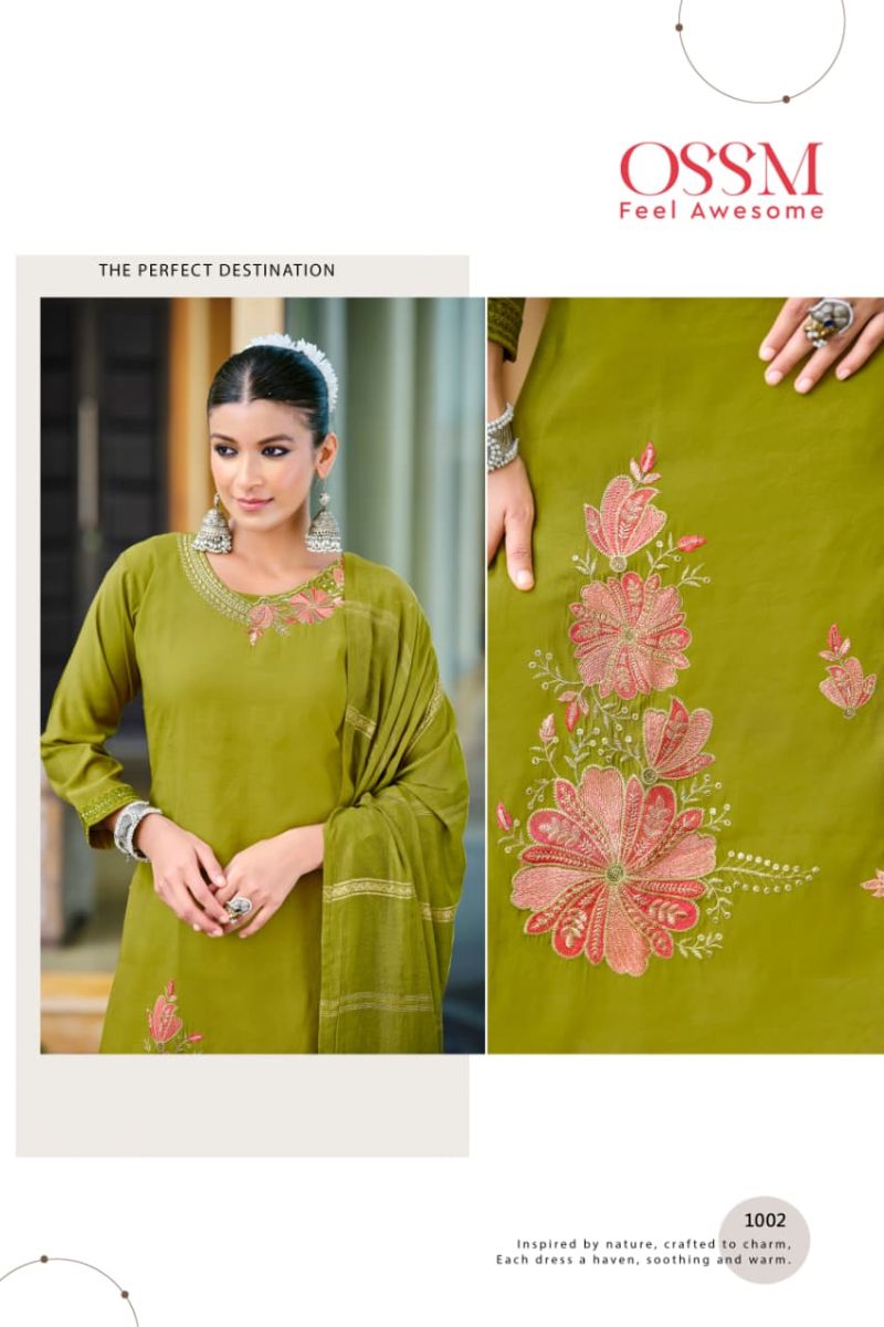 Ossm Geet Roman Silk Embroidery Work Kurti Pant And Dupatta